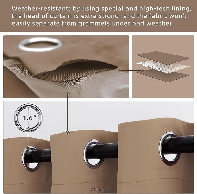 Water Proof Outside Curtains with Grommet Top for Porch, W52 x L120 Thermal Insulated Washable Outdoor Divider Drapes for Patio Gazebo Deck Pool Area Pergola Cabana (Camel Brown, 2 Panels)