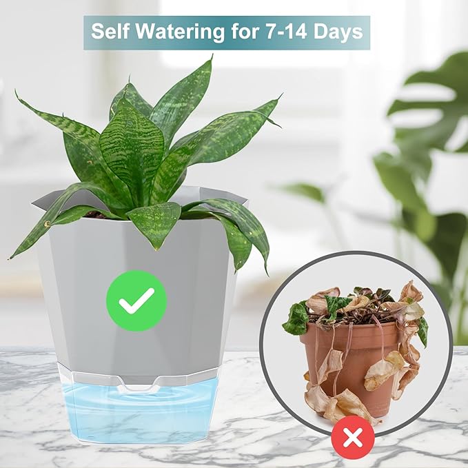3 Pack Self Watering Flower Pots 6.5 Inch, Plant Pots for Indoor Outdoor, Self Watering Planters with Wick Rope and Clear Reservoir