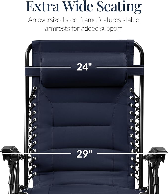 Best Choice Products Oversized Padded Zero Gravity Chair, Folding Outdoor Patio Recliner, XL Anti Gravity Lounger for Backyard w/Headrest, Cup Holder, Side Tray, Polyester Mesh - Navy Blue