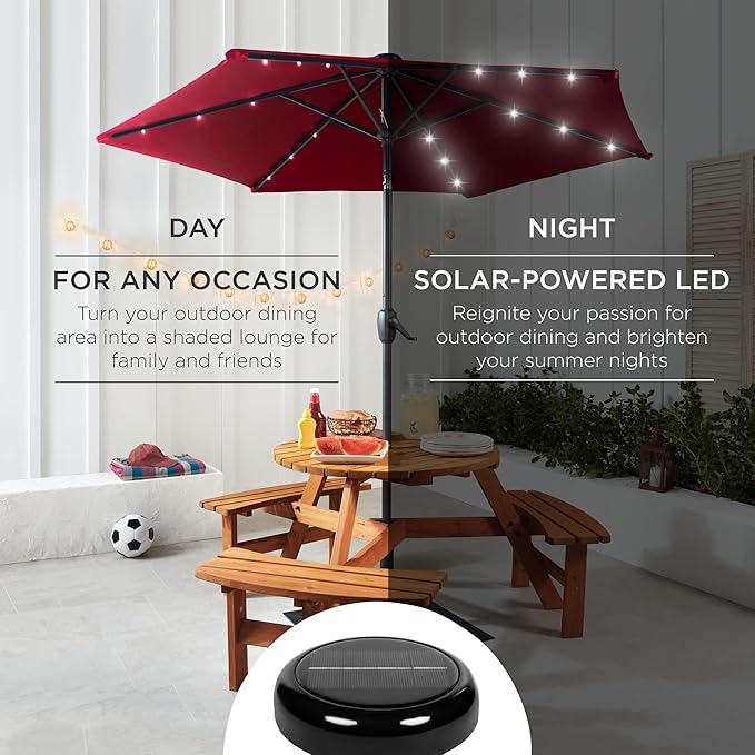 Best Choice Products 7.5ft Outdoor Solar Market Table Patio Umbrella for Deck, Pool w/Tilt, Crank, LED Lights - Burgundy