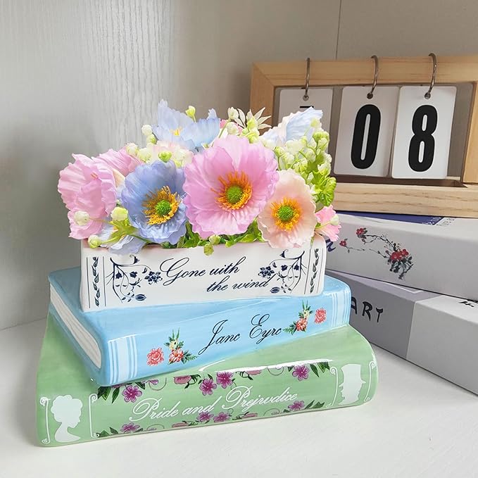 Small Book-Shaped Decorative Planter - Ceramic Vase for Flowers - Cute Bookshelf Home Bedroom Office Decor - Unique Classic Titles Bookstack Housewarming Gifts for Book Lovers
