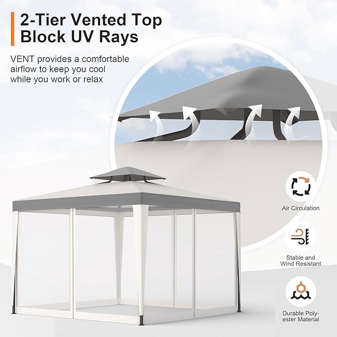 Patio Gazebo Tent Outdoor Canopy Shelter 10'x10' with Removable Netting,100 Square Feet of Shade for Garden, Backyard Deck and Lawns (Gray)