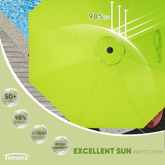 Tempera Patio Market Outdoor Table Umbrella with Auto Tilt and Crank, Large Sun Umbrella with Sturdy Pole & Fade Resistant Canopy, Easy to Set