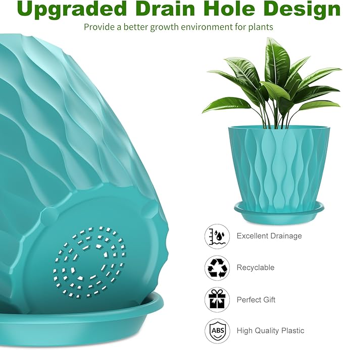 6 Pack 6 Inch Indoor Plant Pots with Drainage Holes, Outdoor Plastic Decorative Flower Pots, Garden Planters with Tray Saucers for Orchids, Violets, Succulents, Herbs, and Other Plants
