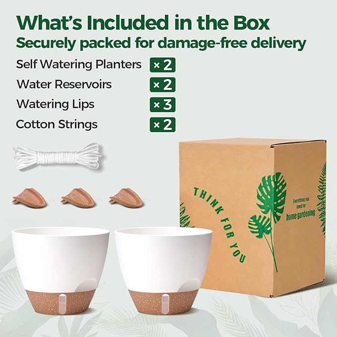 2 Pack 10 Inch Self Watering Pots - Water Level Indicator & Deep Reservoir, Mess-Free Planter for Busy People, Beginners & Gardeners, Fiddle Leaf Fig, Monstera, ZZ Plants, Indoor Outdoor Use (White)