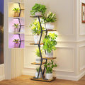 iDavosic.ly 5 Tier Indoor Plant Stand with Grow Light, Corner Tall Metal & Wood Flower Shelf, Orchid Display Rack for Living Room Balcony, Space Saving & Multifunctional Display, Black & Brown