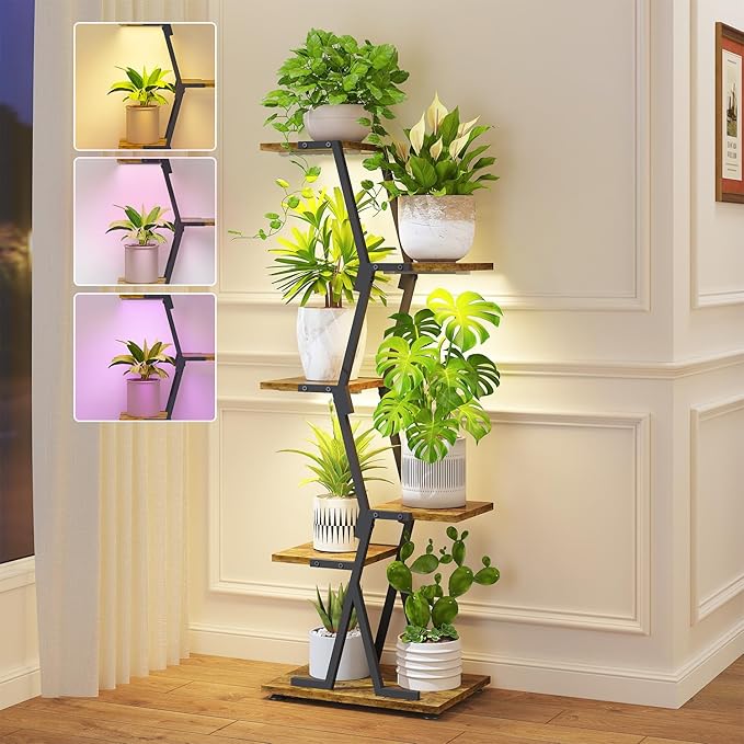 iDavosic.ly 5 Tier Indoor Plant Stand with Grow Light, Corner Tall Metal & Wood Flower Shelf, Orchid Display Rack for Living Room Balcony, Space Saving & Multifunctional Display, Black & Brown