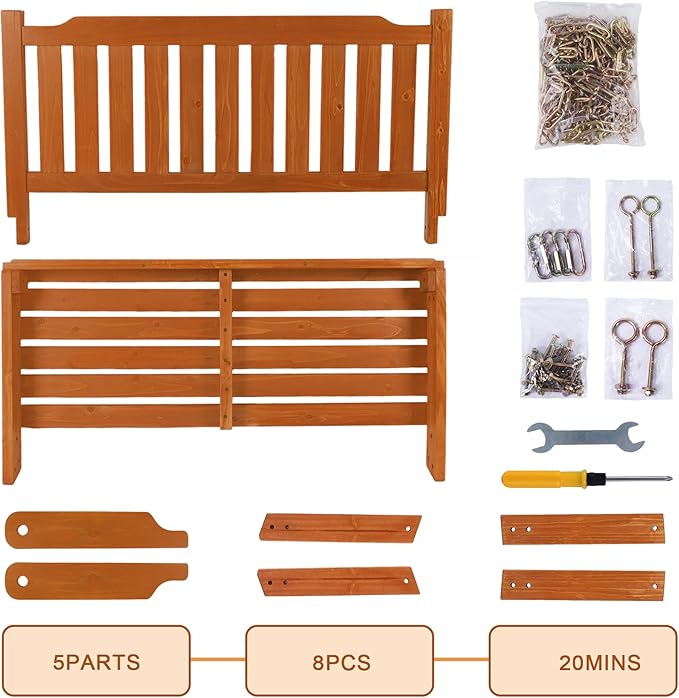 Wooden Porch Swing 2-Seater, Bench Swing with Hanging Chains, Heavy Duty 800 LBS, for Outdoor Patio Garden Yard, 4 Ft, Brown
