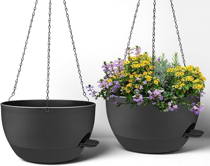 2 Pack 12 Inch Self Watering Hanging Planters for Indoor Plants, Large Black Plastic Hanging Pots with Chains for Outdoor Patio Garden Home Decor Black