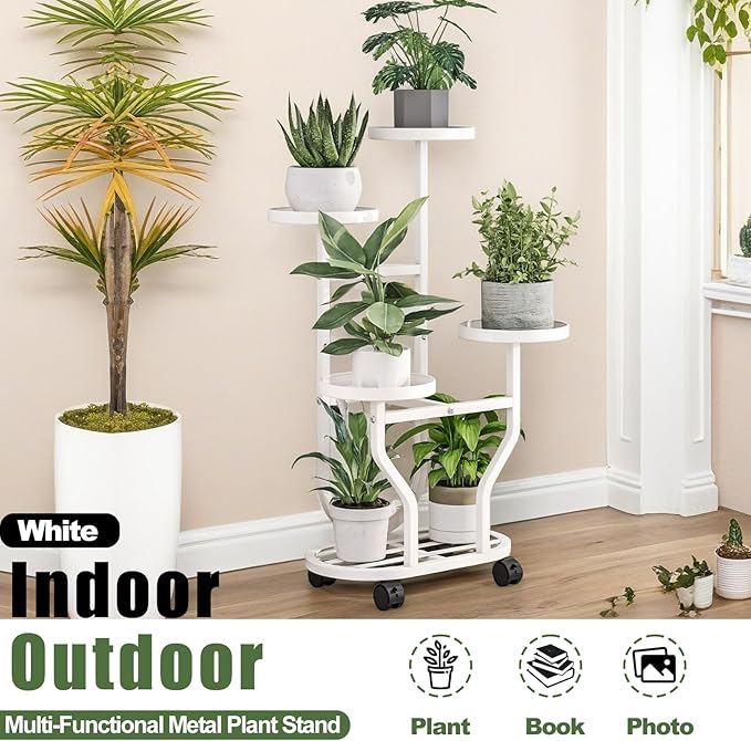 Plant Stand Indoor Outdoor 4 Tier Flower Holder with Wheels Metal Plant Shelf Corner Display Rack Multi Plants Sheleves for Living Room Garden Patio White