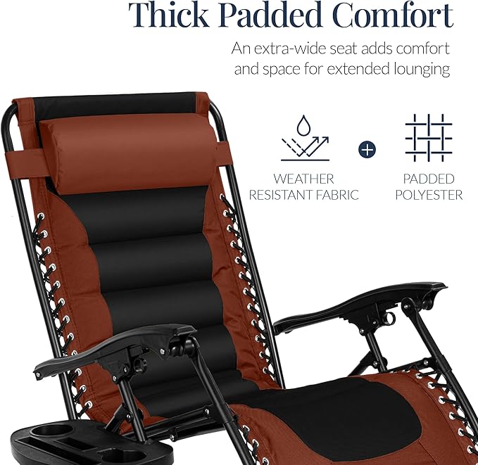 Best Choice Products Oversized Padded Zero Gravity Chair, Folding Outdoor Patio Recliner, XL Anti Gravity Lounger for Backyard w/Headrest, Cup Holder, Side Tray, Polyester Mesh - Rust/Black