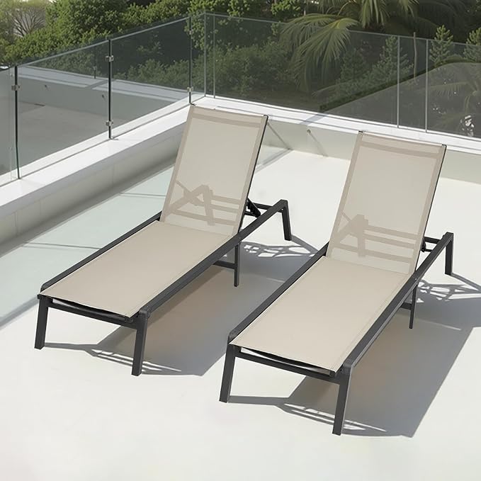 VEVOR Outdoor Chaise Lounge Chair Set of 2, 400 lbs Weight Capacity, Foldable Sun Tanning Chair, 5 Adjustable Positions, Easy Assembly, Aluminum Pool Recliner Lounge Chairs, for Beach Yard Patio