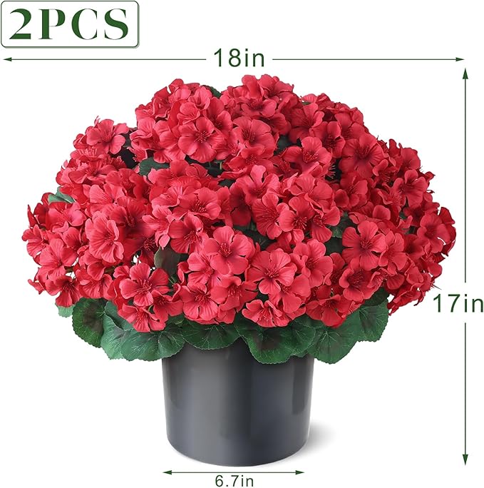 2 Pack Artificial Geranium Flowers Topitary Trees for Outdoors, UV Resistant Geraniums Potted Bushes Look Real Silk Faux Plants for Front Door Garden Porch Planter Farmhouse Home Decor (Red)