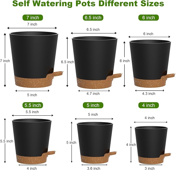 Self Watering Pots, 7/6.5/6/5.5/5/4 inch Flower Pots with Multi Mesh Drainage Holes, Small Platic Planters for Indoor Outdoor Garden Plants and Flowers (Black with Brown Tray, 7"+6.5"+6"+5.5"+5"+4")