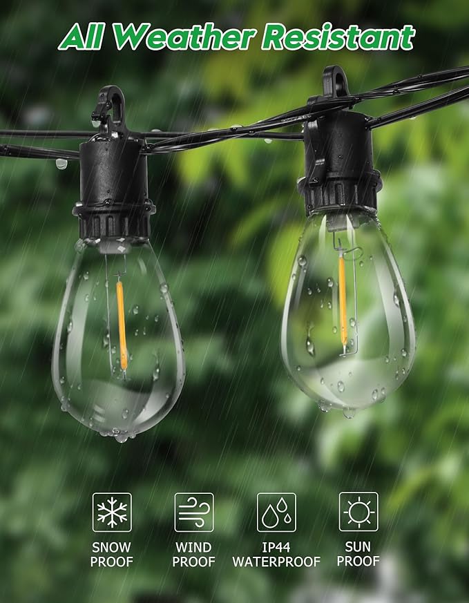 50FT Outdoor String Lights with 25 Shatterproof S14 Vintage Edison Bulbs E12 Sockets,2700K Dimmable Outdoor Lights,IP55 Waterproof LED String Lights for Outside, Patio, Garden, Backyard,Bistro