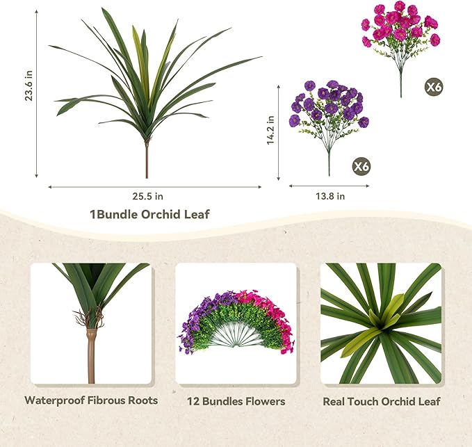Artificial Flowers for Outdoors Fake Plants Outside, 12 Bundles Silk Morning Glory with Eucalyptus + Orchid Leaf UV Resistant Realistic Faux Flowers for Porch Planter Garden Patio (Purple Fuchsia)