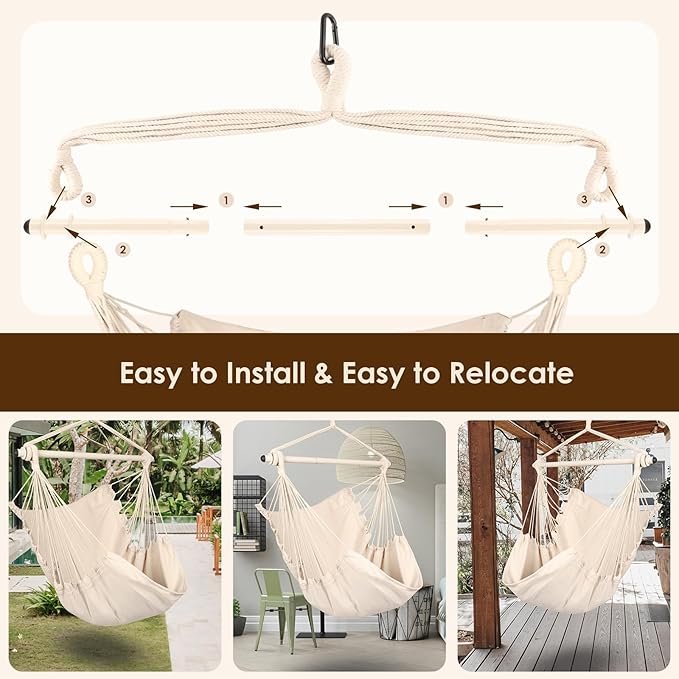 Highwild Hammock Chair Hanging Rope Swing - Max 500 Lbs - Steel Spreader Bar with Anti-Slip Rings - for Any Indoor or Outdoor Spaces (Beige)