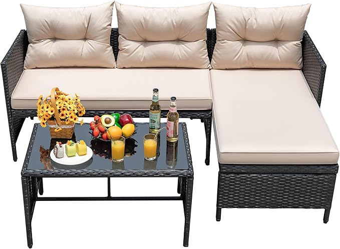 Devoko Outdoor Patio Furniture 3-Piece Rattan Waterproof Outdoor Sectional Sofa All-Weather L Shaped Patio Couch with Cushion Glass Table for Balcony, Garden (Beige)