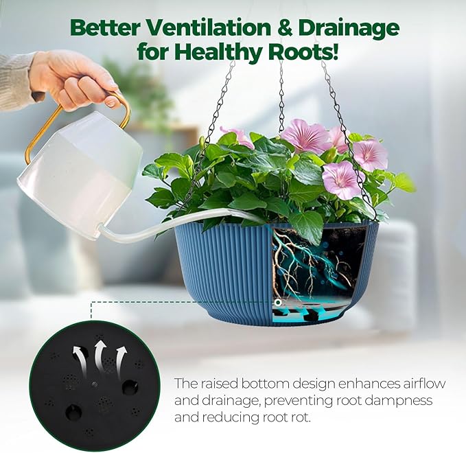 T4U 8 Inch Hanging Planters for Indoor Outdoor Plants, Self Watering Hanging Pot Pack of 2, Hanging Pots with Drainage Hole & Plug & Chain with 3 Hooks for Garden Home Decor, Blue