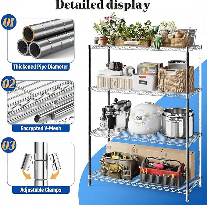 Xcity Storage Shelves, 4 Tier Heavy Duty Metal Shelving Unit with Wheels, 1600 LBS Capacity Adjustable Steel Wire Shelf Organizer for Pantry, Kitchen, Garage, 18" D x 36" W x 60" H, Chrome