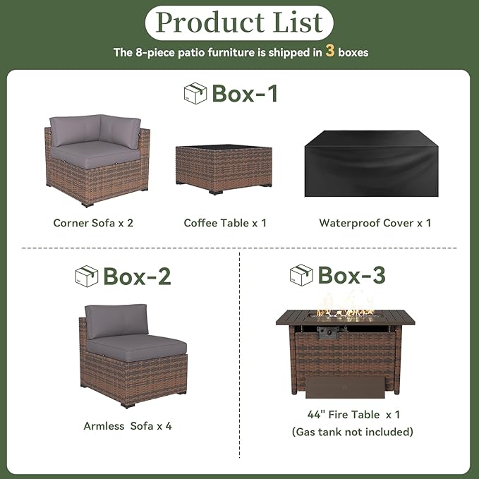 Aoxun 8 Piece Patio Furniture Set with 44” Fire Pit Table Wicker Rattan Outdoor Sectional Sofa Set with Coffee Table and Thickened Cushions, Gray (Waterproof Cover Included)