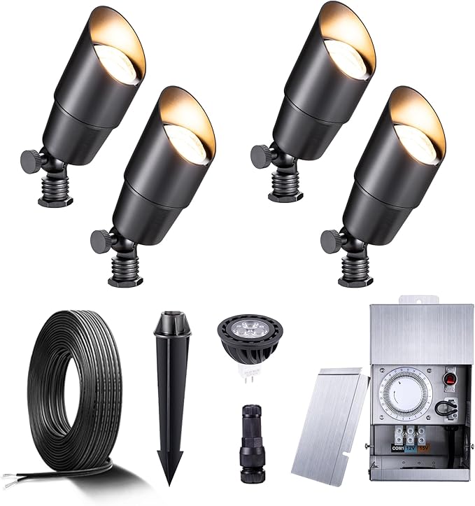 Gardenreet Black Brass Landscape Lighting Kit (4-Pack LED Spotlights) with Low Voltage Transformer 75W and Mechanical Timer and 100FT Cable and 20Pack Wire Connectors for Outdoor Garden Patio
