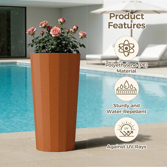 23.6" Tall Outdoor Planters Set of 2, Large Planters for Outdoor Plants for Porch Decor with Drainage Hole, Wide Stripe Design Porch Flower Pots for Indoor Pot Patio/Garden, Terracotta