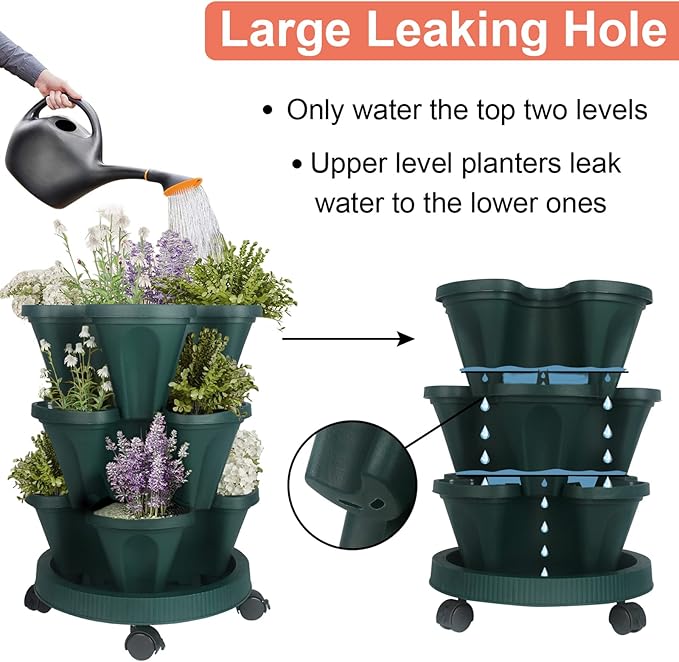 DUNCHATY Stackable Planter, Vertical Garden Planter with Wheels and Tools, Self Watering Strawberry Planter Indoor/Outdoor 3 Tier Herb Planter Pots for Growing Vegetables and Succulents,Pine Green