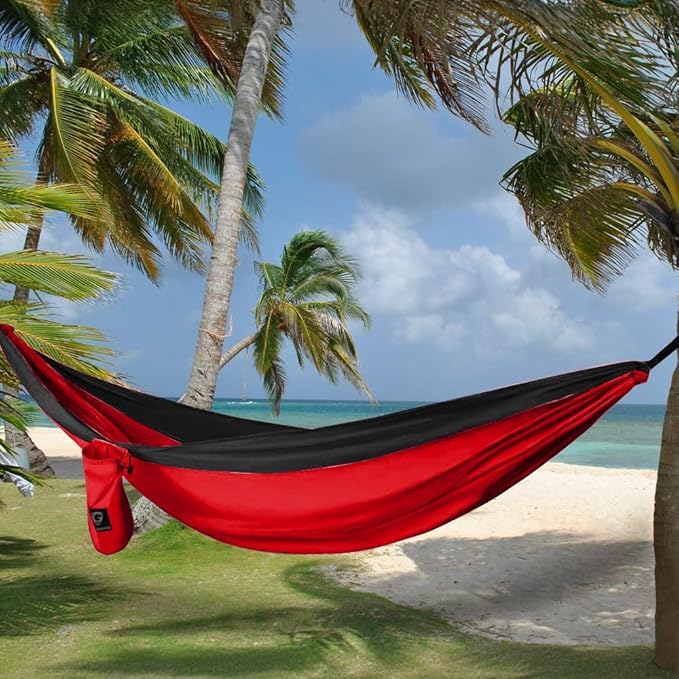 Gold Armour Camping Hammock - XL Double Hammock Portable Hammock Camping Accessories Gear for Outdoor Indoor with Tree Straps, USA Based Brand (Red and Black)