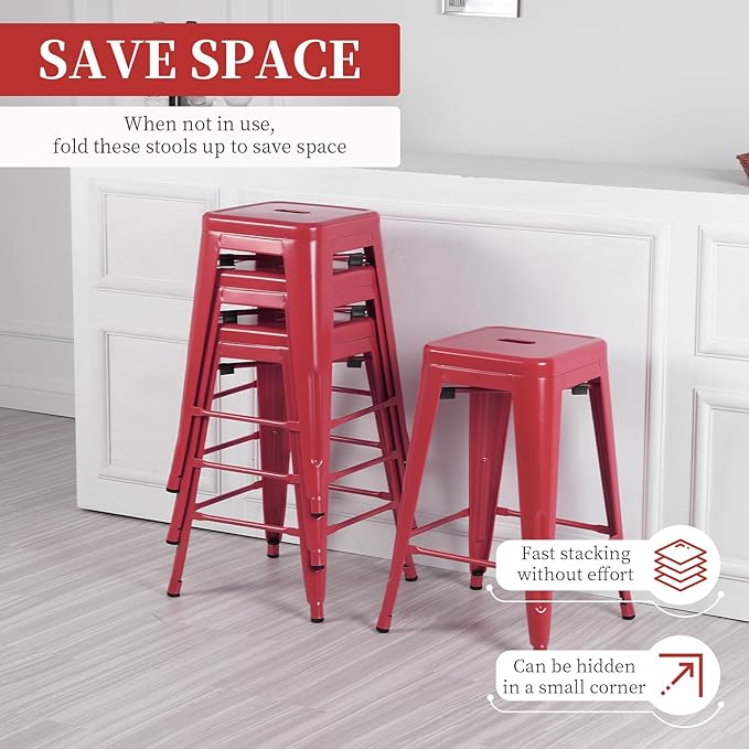 FDW Metal Bar Stools Set of 4 Counter Height Bar Stools 24 Inches Industrial Bar Chairs Patio Stool Stackable Backless Stool Indoor Outdoor Metal Kitchen Stools Bar Chairs (Red, 24")