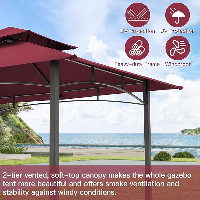 AECOJOY 8' x 5' Grill Gazebo, Grill Canopy for Outdoor Grill, 2- Tier BBQ Gazebo Shelter for Patio, Backyard and More (Wine Red)