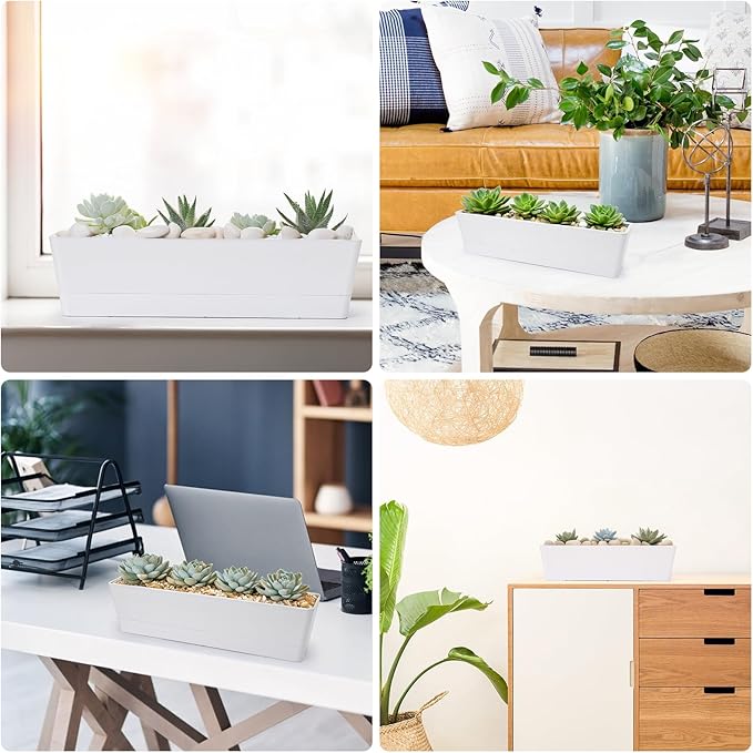 GREANER Window Boxes Planters, 3PCS 16x3.8 Inch Large Herb Planters with Tray, Indoor Succulent Cactus Flowers Vegetable Plastic Rectangle Pots for Balcony, Office, Garden, Outdoor, Windowsill (White)