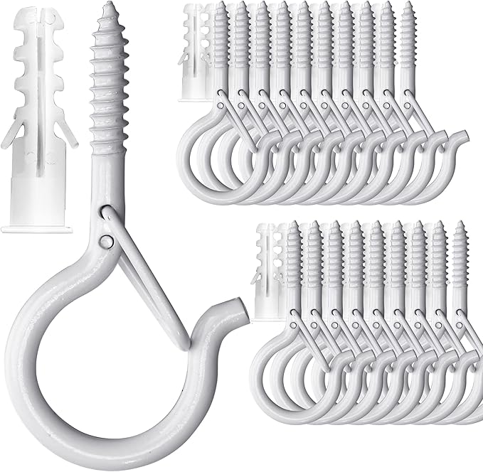 PlusRoc 20 Pack Ceiling Hooks for Hanging Plants Outdoor String Lights Heavy Duty, 2.2 Inch Eye Hook Screw in Cup Hooks Q-Hanger for Patio Lights, Wall Wood Fence Deck Mount(White)