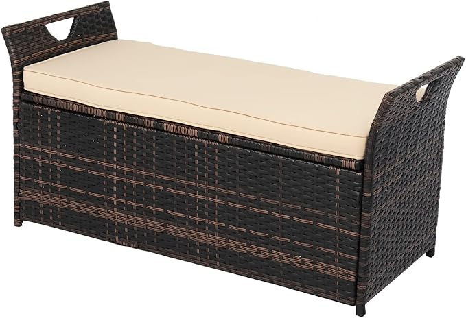 VINGLI 40 Gallon Outdoor Rattan Deck Box w/Cushion, Patio Wicker Storage Box, Garden Deck Storage Bin for Garden, Balcony, Porch, Pool, Yard, Brown