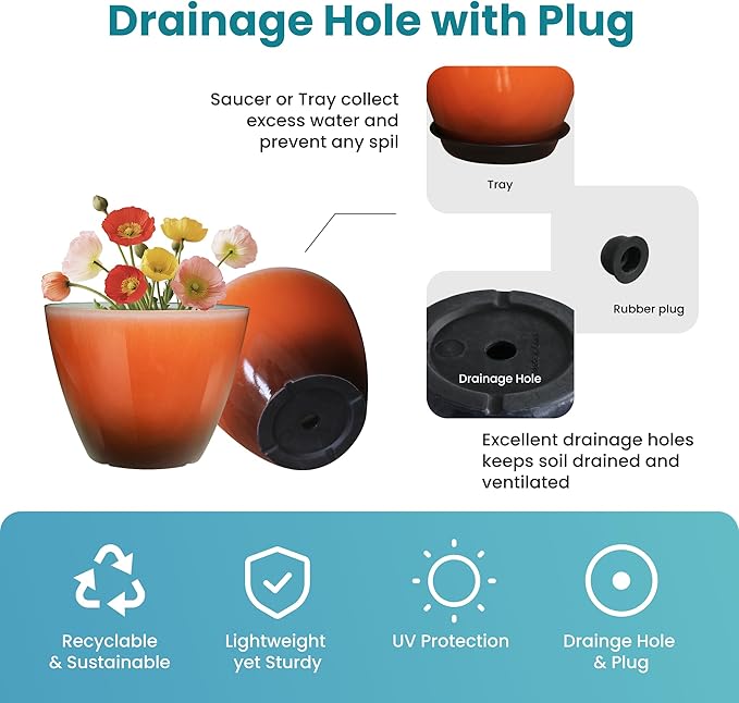 2 Pack Plastic Plant Pots with Drainage Holes, 8 inch Planter for Indoor Outdoor Plant, Garden Flower Pots for Aloe, Herbs, Cactus (Orange, 2pcs)