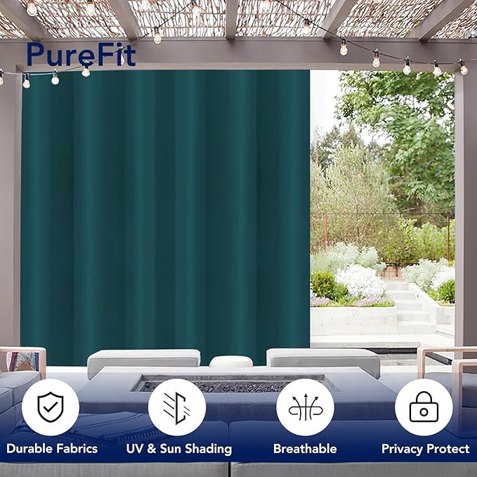 PureFit Outdoor Curtains for Patio Waterproof Weatherproof, UV Resistant Outside Curtains for Gazebo, Front Porch, Pergola, Sun Blocking Privacy Curtain, 100x108 inch, 1 Panel, Teal