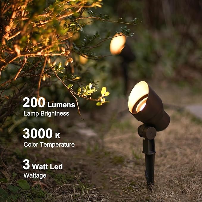 GOODSMANN Landscape Lighting 2PK Low Voltage Landscape Flood Lights 3W LED 200 Lumen Outdoor Spotlight 3000K Warm White Replaceable LED Bulbs Outside Hardwired Lighting with Metal Stakes