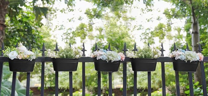 Dahey 10.5 Inch Metal Iron Hanging Flower Pots for Railing Fence Hanging Bucket Pots Countryside Style Window Flower Plant Holder with Detachable Hooks Home Decor,Black,5 Pcs