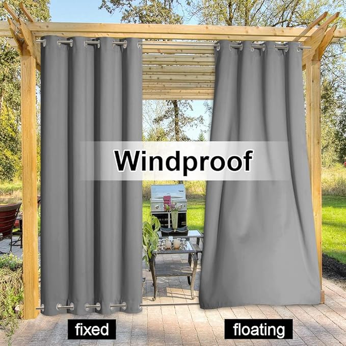 NICETOWN 2 Panels Outdoor Curtains Waterproof Extra Long 108 in for Patio, Windproof Energy Thermal Insulated Saving Rustproof Top and Bottom Grommet Blackout Outdoor Drapes for Porch, Silver Grey