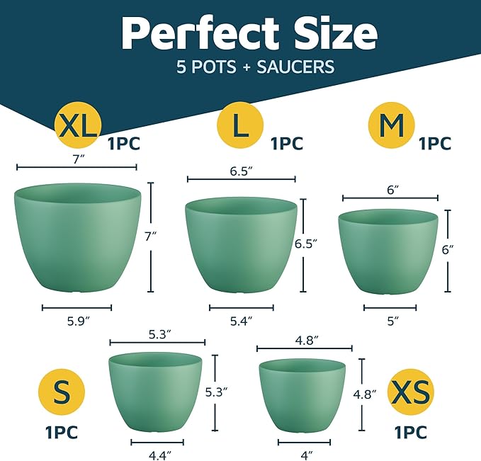 Planter Pots with Drainage Holes - Lightweight, Durable, & Space-Saving Pots for Indoor and Outdoor - Versatile Functionality, Simple Modern Design, Set of 5 Plastic Planter Pots Mint