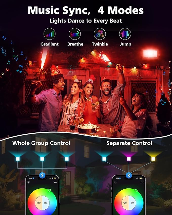 T-SUN Christmas LED Flood Light, 30W RGBCW Dimmable Outdoor Smart Lights, Color Changing LED Light with Remote & APP Control Waterproof Up Lights, Music Sync Stage Spot Light for House, Party (4 Pack)