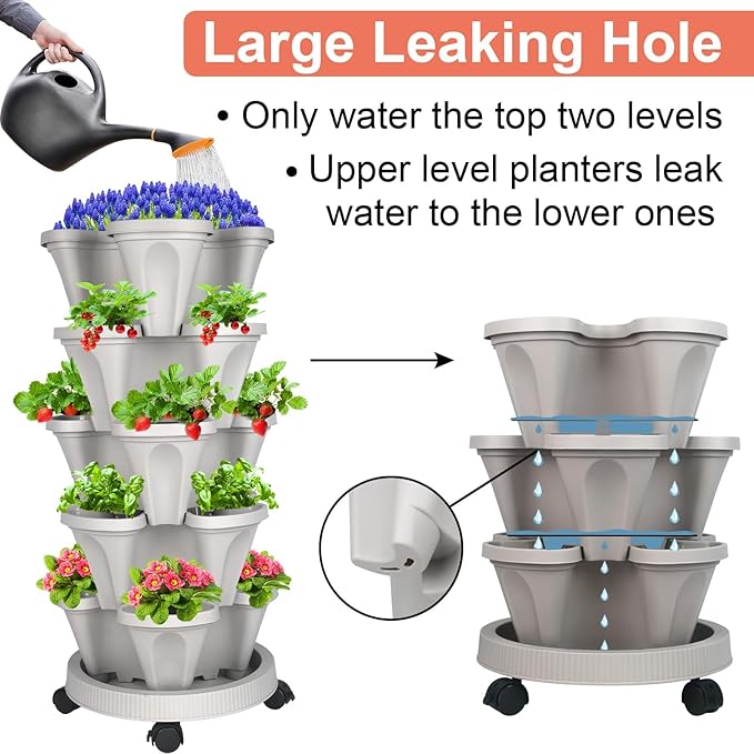 GameXcel Vertical Planter 5 Tier Stackable Planters Garden Planters Strawberry Herb Flower and Vegetable Planter Indoor Outdoor Gardening Pots with Removable Wheels and Tools - Gray