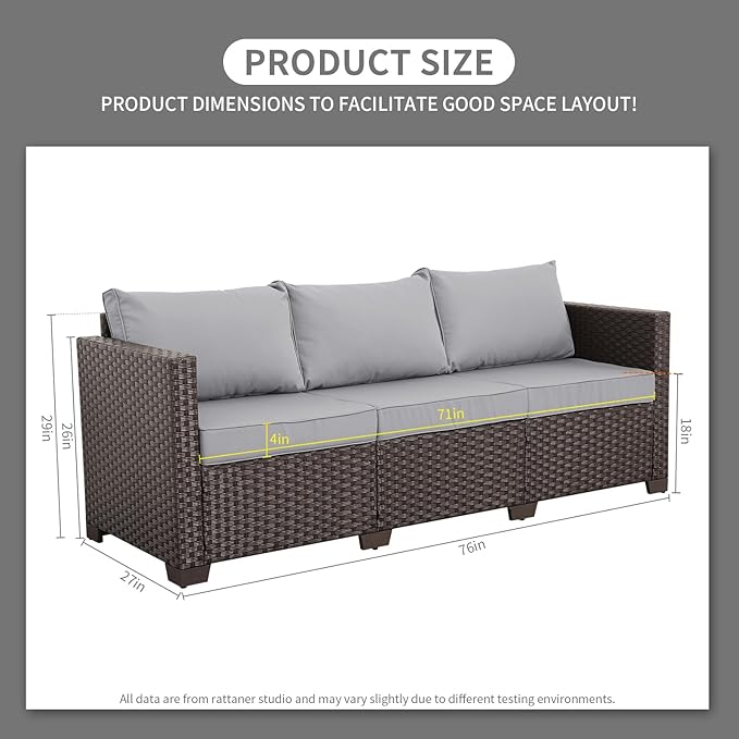 Rattaner Patio Furniture 3 Seat Sofa Outdoor Furniture Outdoor Couch Deep Seat High Backrest with Waterproof Cover Anti-Slip Cushions with Waterproof Cover, Light Grey