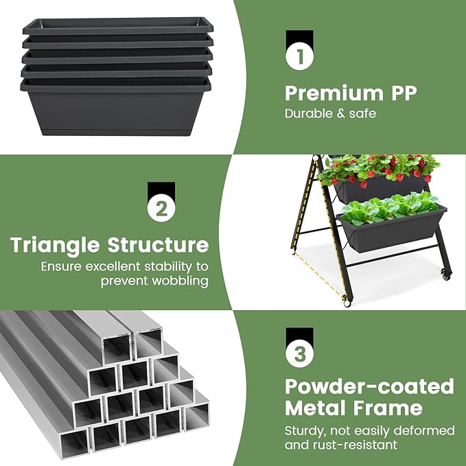 Giantex Vertical Raised Garden Bed on Wheels, Elevated Planter Raised Beds with Water Drainage, Freestanding 5 Container Boxes for Vegetables and Flowers Growing, Outdoor Indoor Patio Balcony