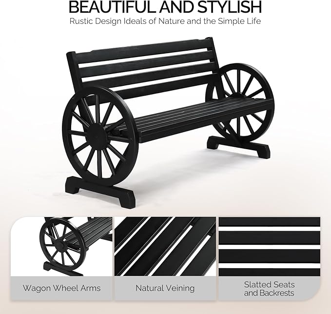 VINGLI Rustic Wooden Wheel Bench Outdoor Bench, Patio Bench Wagon Slatted Seat, Garden Benches for Outdoors 350lbs High Capacity, Weather Resistance (Black, 55in)