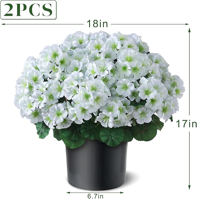 2 Pack Artificial Geranium Flowers Topitary Trees for Outdoors, UV Resistant Geraniums Potted Bushes Look Real Silk Faux Plants for Front Door Garden Porch Planter Farmhouse Home Decor (White)