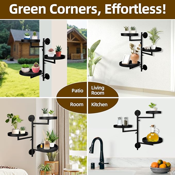 Rotating Window Plant Shelves with Adjustable Knobs, 3 Tiers Metal Wall Shelf for Plants Indoor, Sturdy Hanging Plant Holder, Window Wall Decor & Gardening Gifts (Black)
