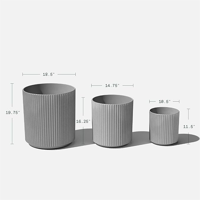 Veradek Demi Series Set of 3 Round Planters for Porch, Patio, Backyard | Durable Plastic-Concrete Material | Modern Décor for Tall Plants, Flower