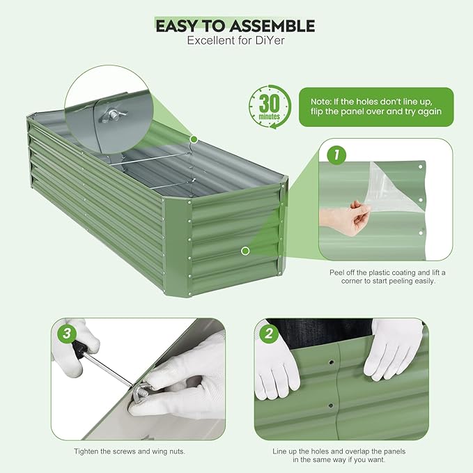 ZORMY 6×2×1.4ft Galvanized Raised Garden Bed Kit, Metal Planter Boxes Outdoor, High Raised Beds for Vegetables, Fruits, and Flowers - LotusGreen