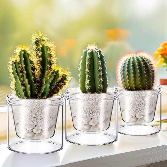Baderke 2 Pcs 4 Inch Self Watering Pot for Indoor Plants Clear Glass Planter Small Plant Pot with Saucer Reservoir Drainage Holes Bottom Watering Pot for African Violet Orchid Flowers Houseplant
